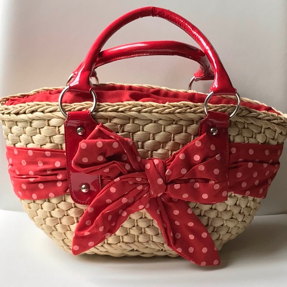 Red Polka Dot Wicker Handbag - Picture 1 of 6